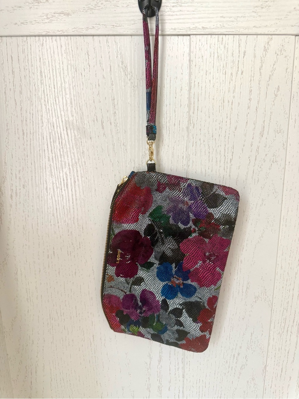 Lodis Leather Floral Wristlet Clutch detachable wrist strap gold hardware